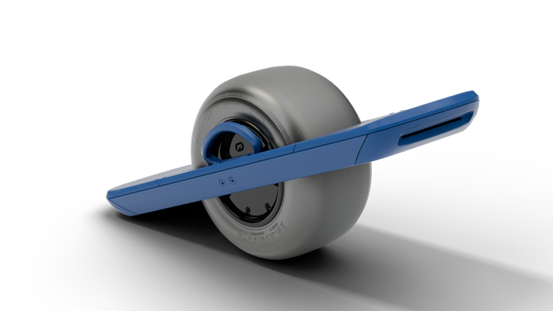 The Overboard board, rendered: a Onewheel Pint shape, pale rails with orange bumpers