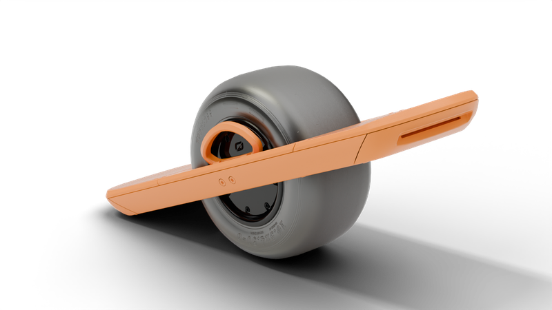 The Overboard board, rendered: a Onewheel Pint shape, dark rails with orange bumpers